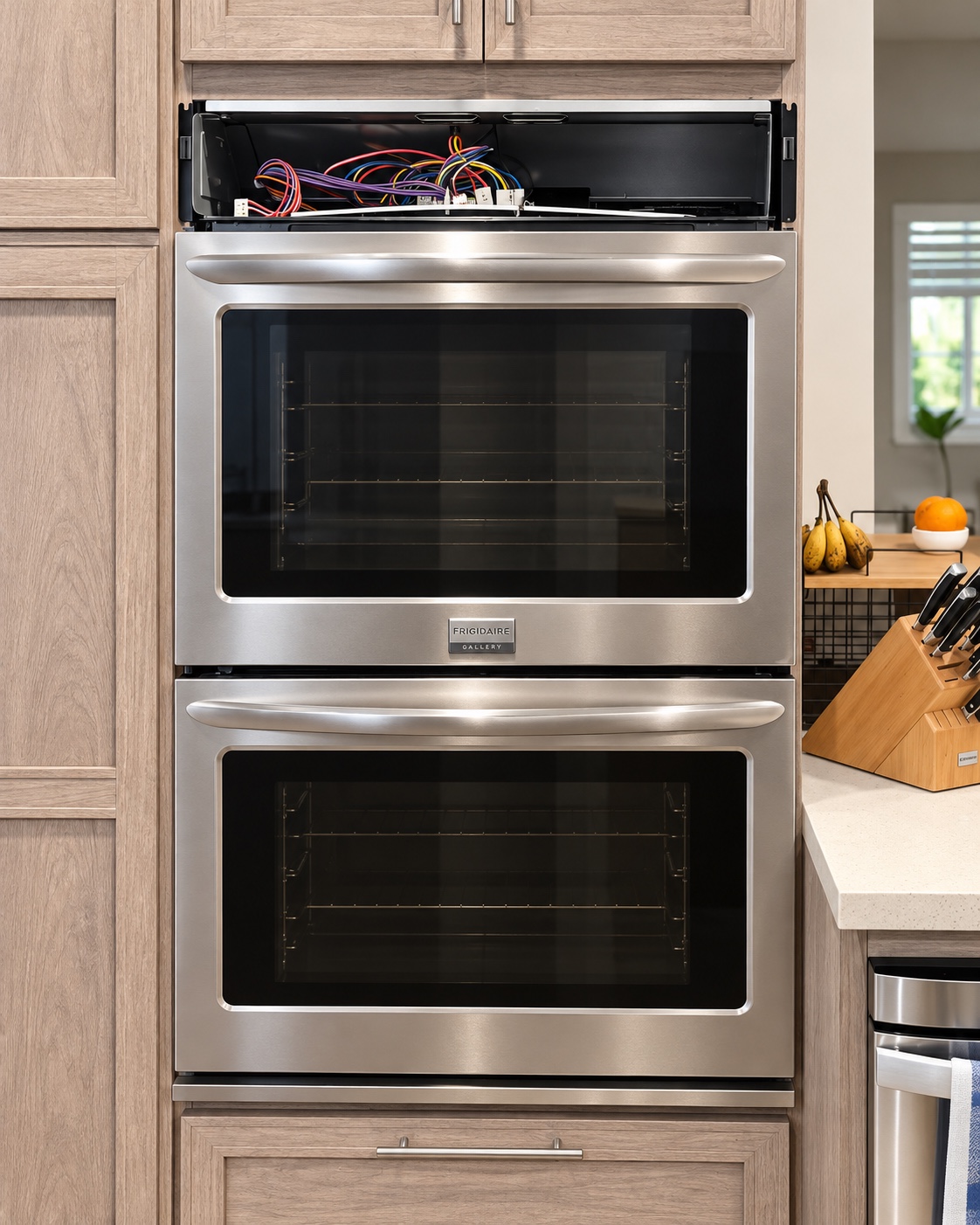 Frigidaire Gallery double wall oven with its control panel removed during repair in Redondo Beach