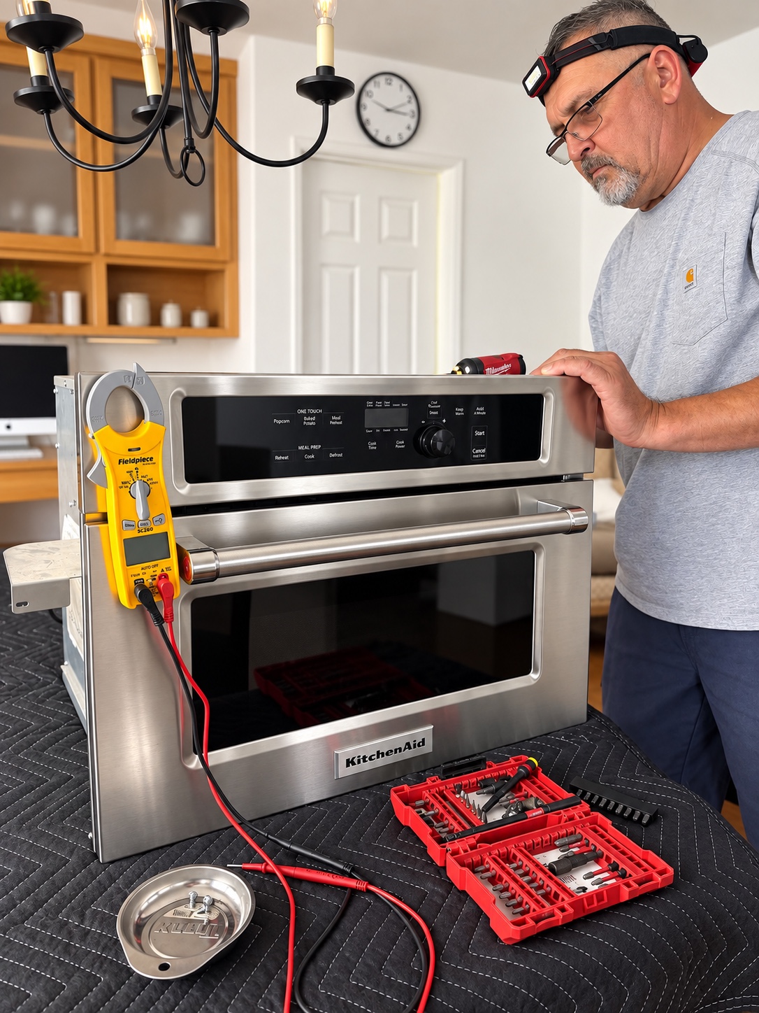 Extory technician working on the KitchenAid microwave in the customer’s kitchen