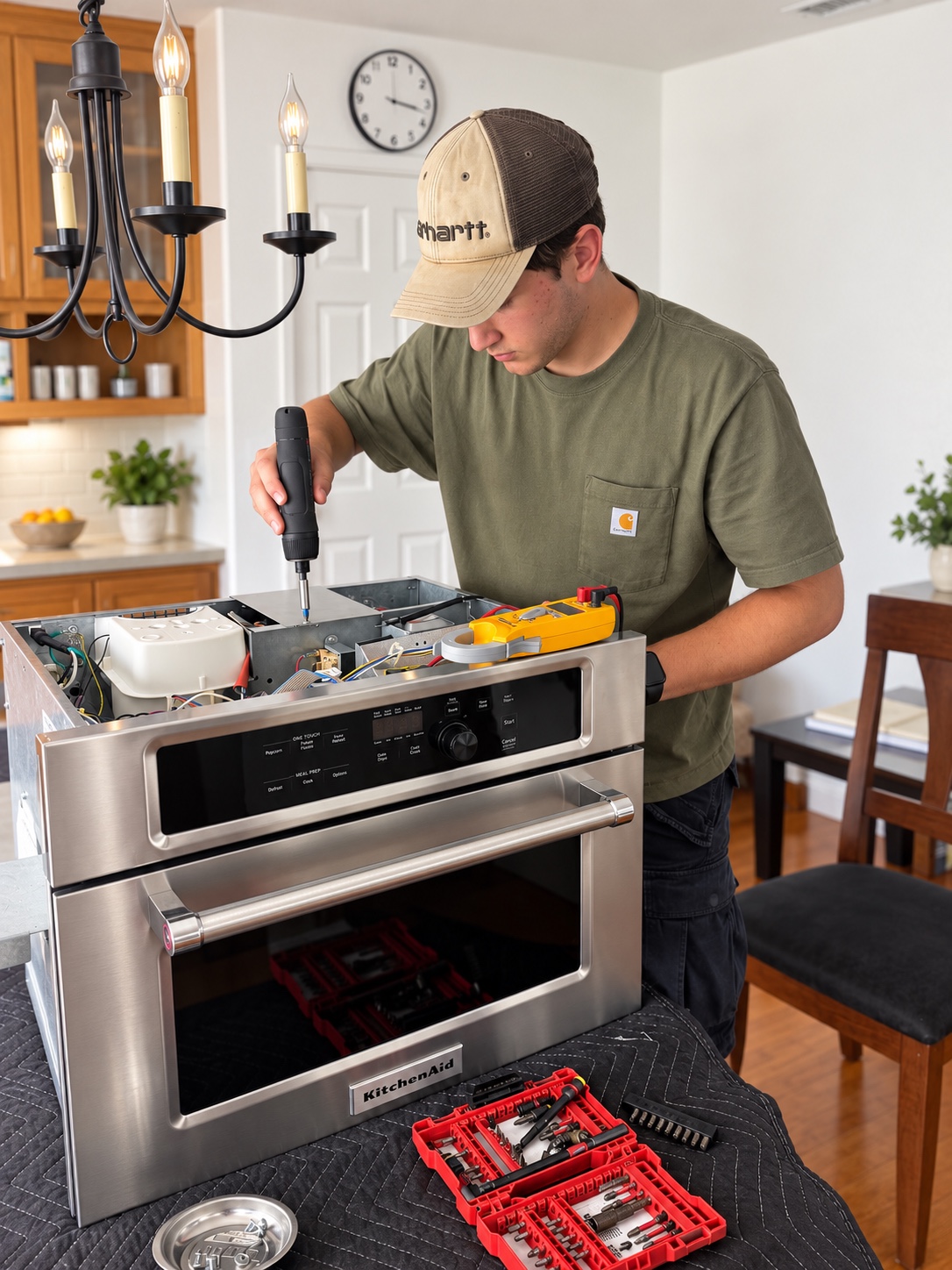 KitchenAid built-in microwave opened for repair on a protected work surface