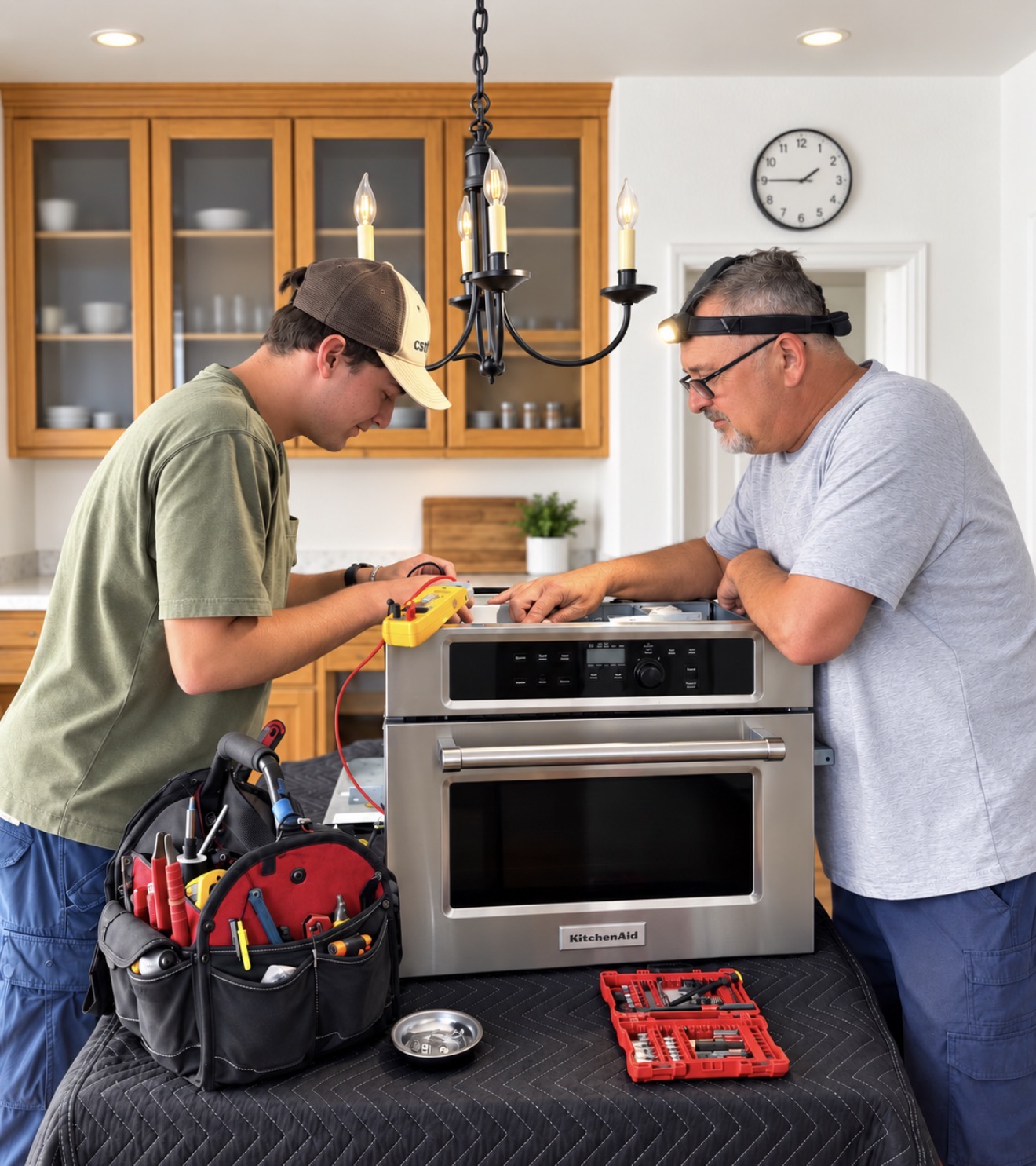 Extory’s father-and-son team working together on a KitchenAid built-in microwave in Hermosa Beach